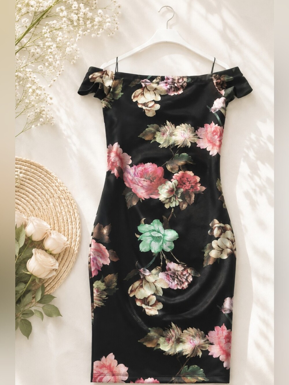 G by Guess Black One-Shoulder Floral Bodycon Dress with Pink & Green Flowers